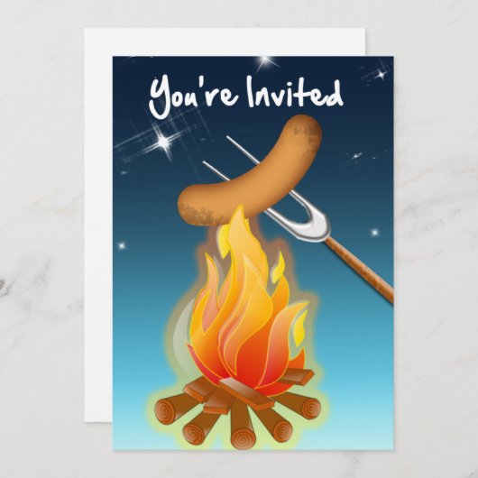 キャンプファイヤーの招待されました上のホットドッグ 招待状 (正面/裏面)