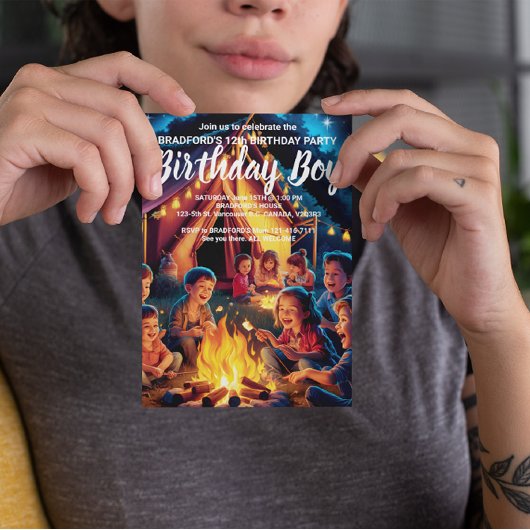 キャンプファイヤーの誕生日パーティー招待状 ポストカード