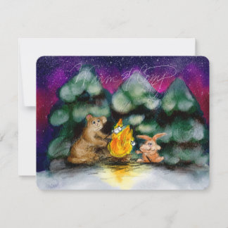 キャンプファイヤー冬の森の動物のメモカード ノートカード