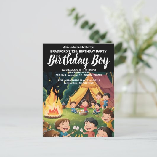 キャンプファイヤー誕生日パーティー集会招待 ポストカード (スタンド正面)