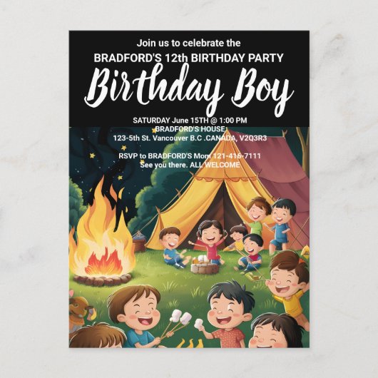キャンプファイヤー誕生日パーティー集会招待 ポストカード (正面)
