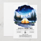 キャンプファイヤー & 松の木の誕生日パーティーへの招待 招待状 (正面/裏面)