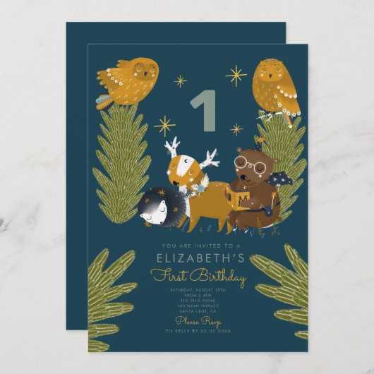 キャンプフォレストアニマル1歳の誕生日 招待状 (正面/裏面)
