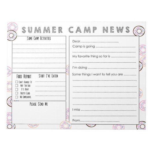 キャンプレターの記入 – かわいいサマーキャンプ文房具 ノートパッド (正面)