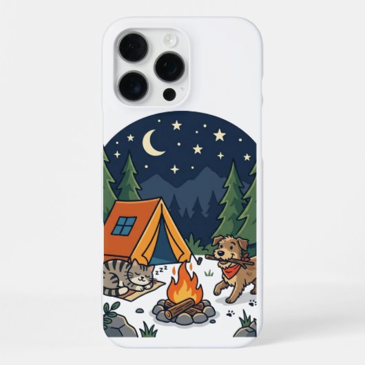 キャンプ中の猫と犬のギフト - かわいいキャンプファイヤーと夜空 iPhoneケース (裏面)