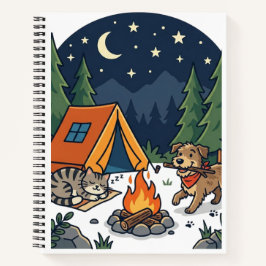 キャンプ中の猫と犬 | かわいいキャンプファイヤーの夜空 ノートブック