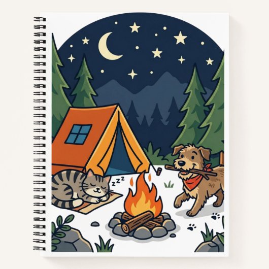 キャンプ中の猫と犬 | かわいいキャンプファイヤーの夜空 ノートブック (正面)