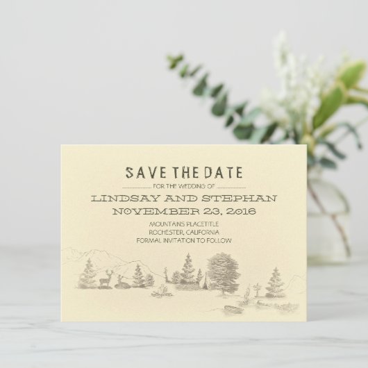 キャンプ場のイラストレーションのキャンプの保存日付カード セーブザデート (スタンド正面)