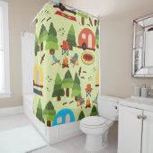 キャンプ場 – キャラバン、キャンプ用椅子、消防車 シャワーカーテン (インサイチュ)