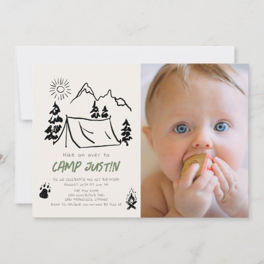 キャンプ手描きテントフォトボーイ1st誕生日 招待状 (正面)
