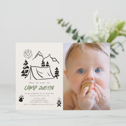 キャンプ手描きテントフォトボーイ1st誕生日 招待状 (スタンド正面)