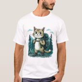 キャンプ猫。リュックを背負ったかわいい猫が面白い Tシャツ (正面)