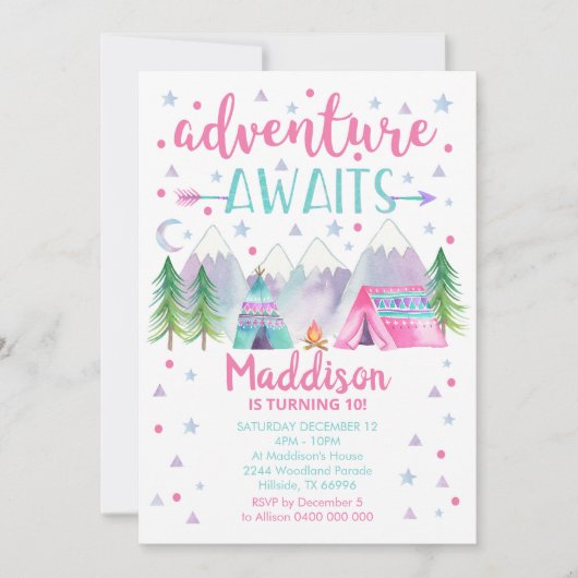 キャンプ誕生日招待状アドベンチャーアワイトガール 招待状 (正面)