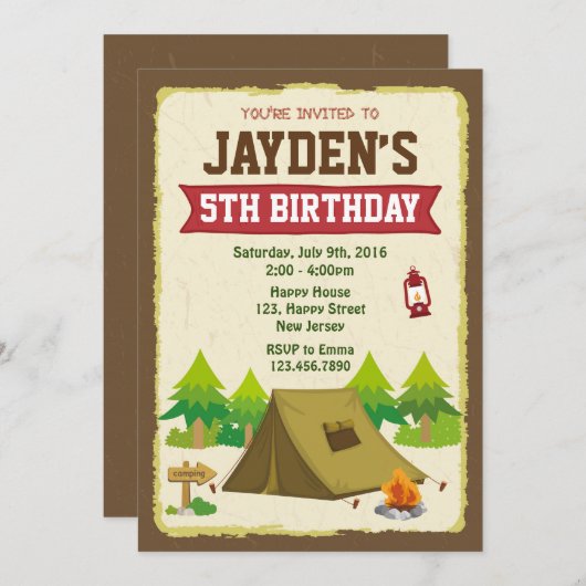 キャンプ誕生日招待状 招待状 (正面/裏面)