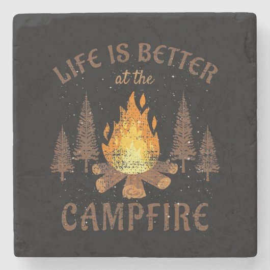キャンプ – キャンプファイヤーの方が生活が良い ストーンコースター (正面)