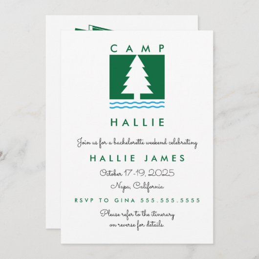キャンプ・バチェロレッテ・バッチ・ウィークエンドの予定 招待状 (正面/裏面)