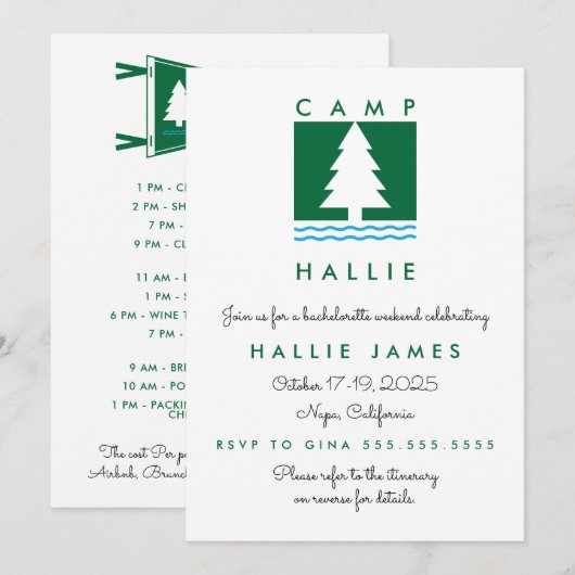 キャンプ・バチェロレッテ・バッハ・ウィークエンドの予定 招待状 (正面/裏面)