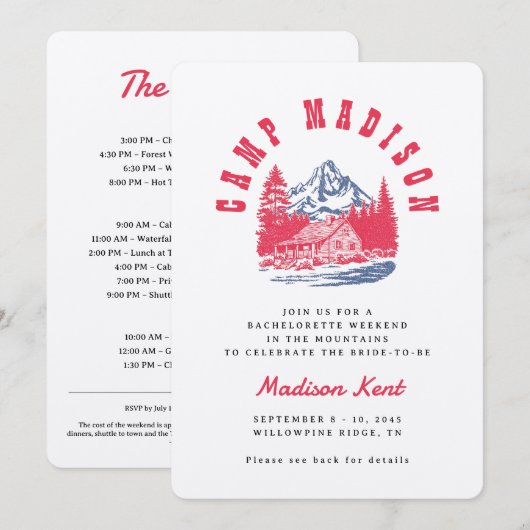 キャンプ・ブライズ・バチェロレッテ・ボールド・レトロ・マウンテン・ウェディング 招待状 (正面/裏面)