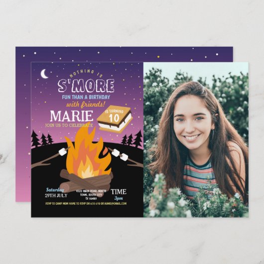 キャンプS'moreパーティーキャンプファイヤーガールズ写真 招待状 (正面/裏面)