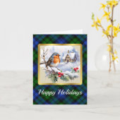 キャンベルクレスト&タータンチェック付/ロビンパーソナライズされたクリスマス カード (黄色い花)