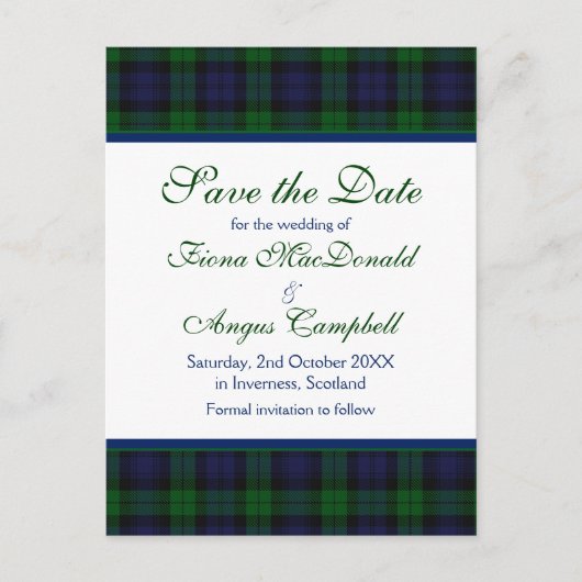 キャンベル·ブラック·ウォッチ·タータンチェックの結婚式が日付を救う 案内ポストカード (正面)