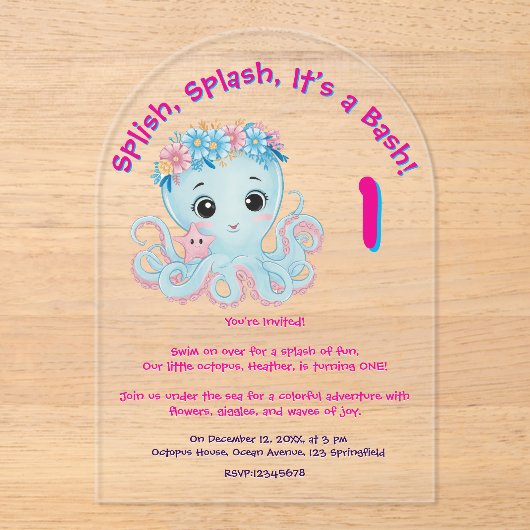 キュイお洒落フローラタコガーリー子供の誕生日 アクリル招待状 (正面)