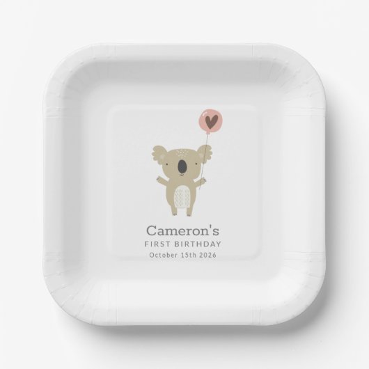 キュイよくはしゃぐコアラシンプルベア誕生日 ペーパープレート (正面)