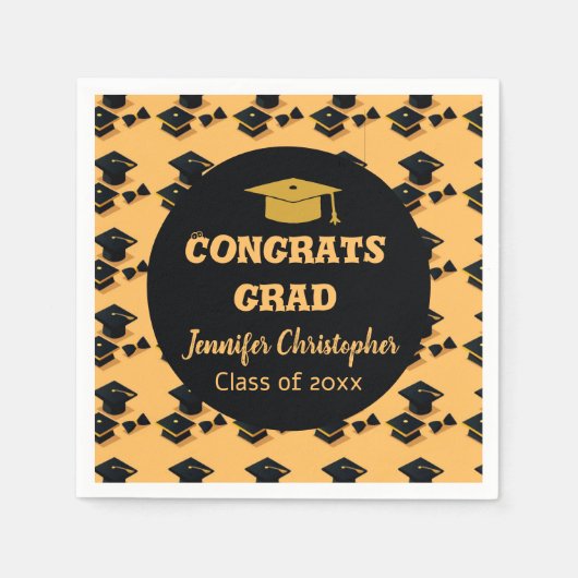 キュイエレガントクラシックなブラック&イエロー卒業 スタンダードカクテルナプキン (正面)