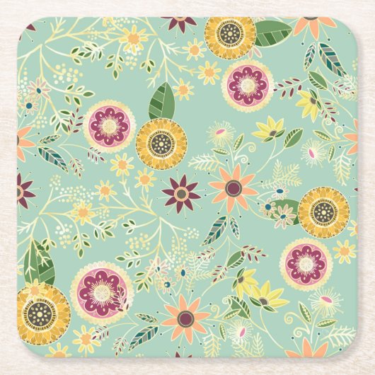 キュイカラフルフォークフローラオリジナルゴールデンデザイン スクエアペーパーコースター (正面)