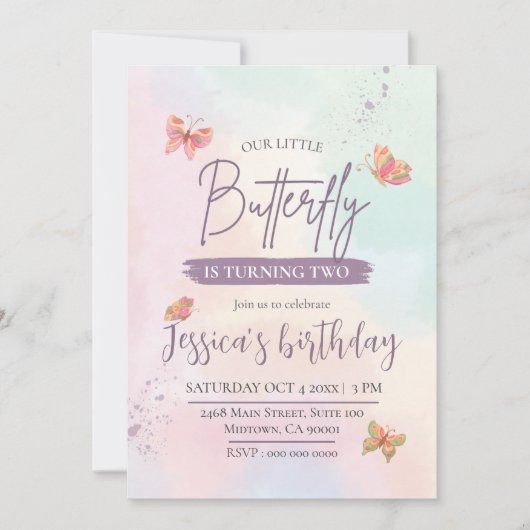 キュイモダンエレガント・バタフライをテーマにした2回目の誕生日 招待状 (正面)