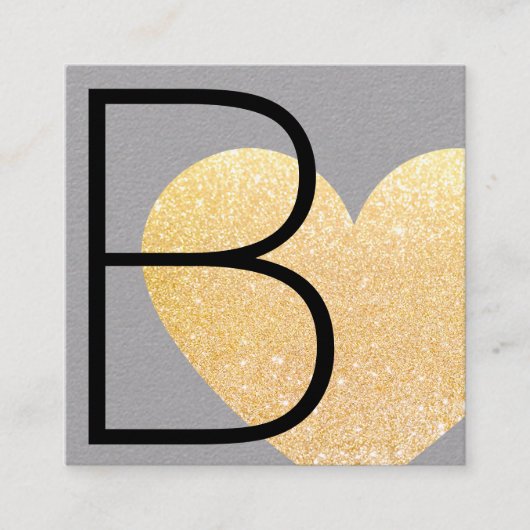 キュイモダンフェイク金ゴールドグリッターハートグレー スクエア名刺 (正面)