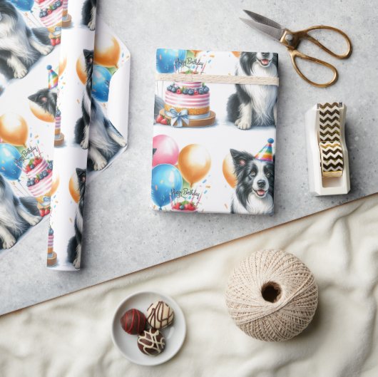 キュイ縁どコリーハッピーバースデーラッピング紙 ラッピングペーパー (クラフト)