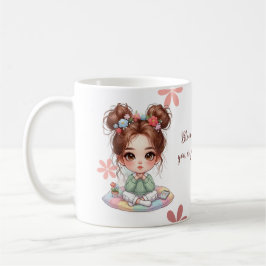 キュッションに座るかわいいちびキャラ女子と名言 コーヒーマグカップ