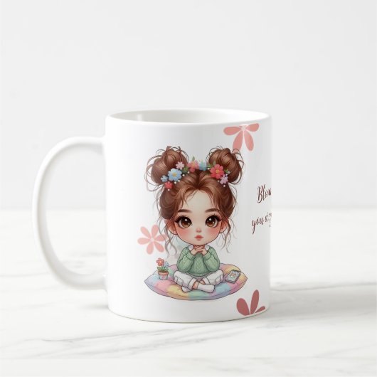 キュッションに座るかわいいちびキャラ女子と名言 コーヒーマグカップ (左)