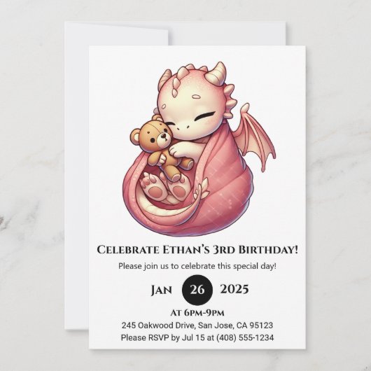 キュドリーピンクドラゴン誕生日 招待状 (正面)
