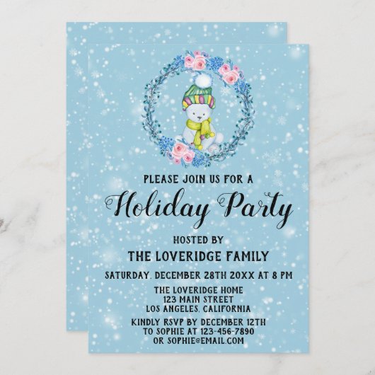 キュドリーベアリースクリスマスホリデーパーティーブルースノー 招待状 (正面/裏面)