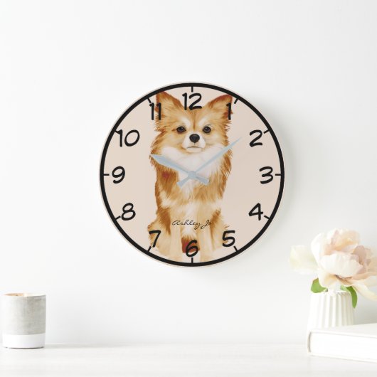 キュパーソナライズされたートパピヨンドッグ水彩 ラージ壁時計 (ホーム)