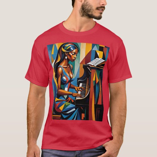 キュビスト鮮やかピアニスト抽象芸術アートティー Tシャツ (正面)