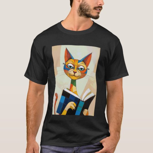 キュビスト 猫 読書家 ボヘミアン 本好き アート Tシャツ (正面)