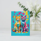キュビズムカラフルの猫のアートワーク ポストカード (スタンド正面)