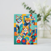 キュビズムカラフルの猫のアートワーク ポストカード (スタンド正面)