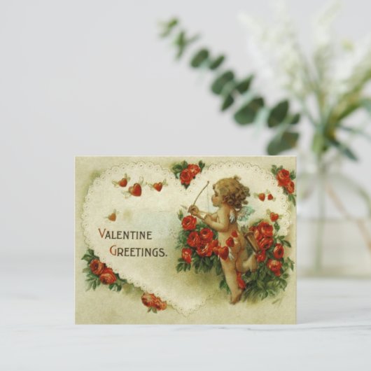 キュピッビクトリアントバラとハートバレンタインデーはがき ポストカード (スタンド正面)
