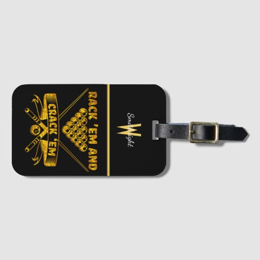 キューとボールを使用したビリヤードのモットー ラゲッジタグ (正面横)