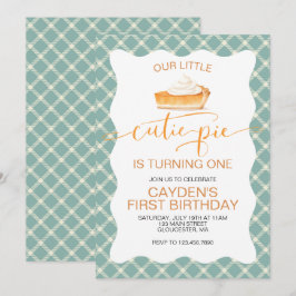 キューティパイのピンク色の秋のチェック柄 ファーストバースデー 招待状