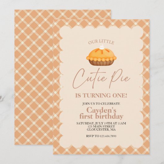 キューティパイのピンク色パンプキンパイ 秋のチェック柄 初誕生日 招待状 (正面/裏面)
