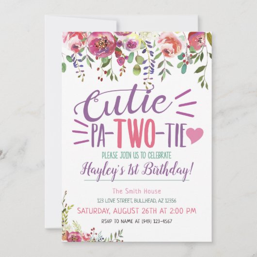 キューティパトゥー2歳の誕生日ガールズフラワーリクエスト 招待状 (正面)