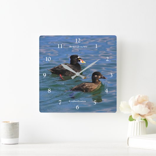 キュートおもしろいなサーフスコーターアヒルが桟橋で泳ぐ スクエア壁時計 (ホーム)