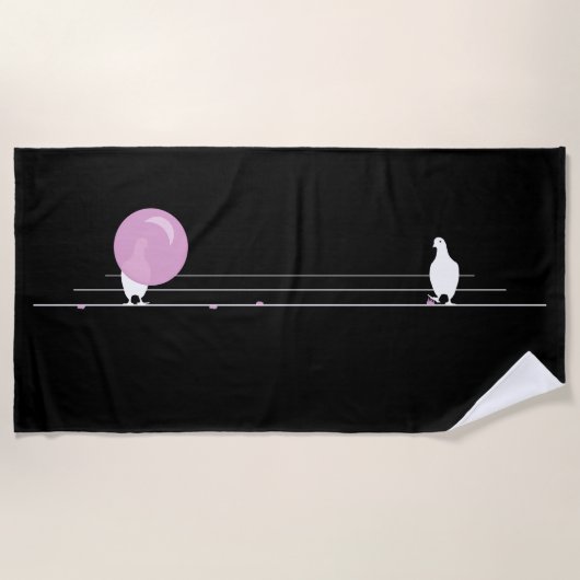 キュートおもしろいなピンクのバブルガムの鳥をワイヤーブラックに ビーチタオル (正面)