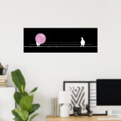 キュートおもしろいなピンクのバブルガムの鳥をワイヤーブラックに ポスター (ホームオフィス)