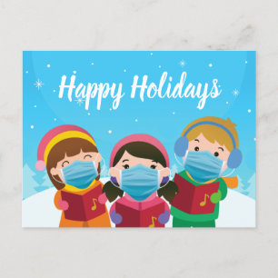 キュートおもしろいな顔マスクのクリスマス・カロリング シーズンポストカード